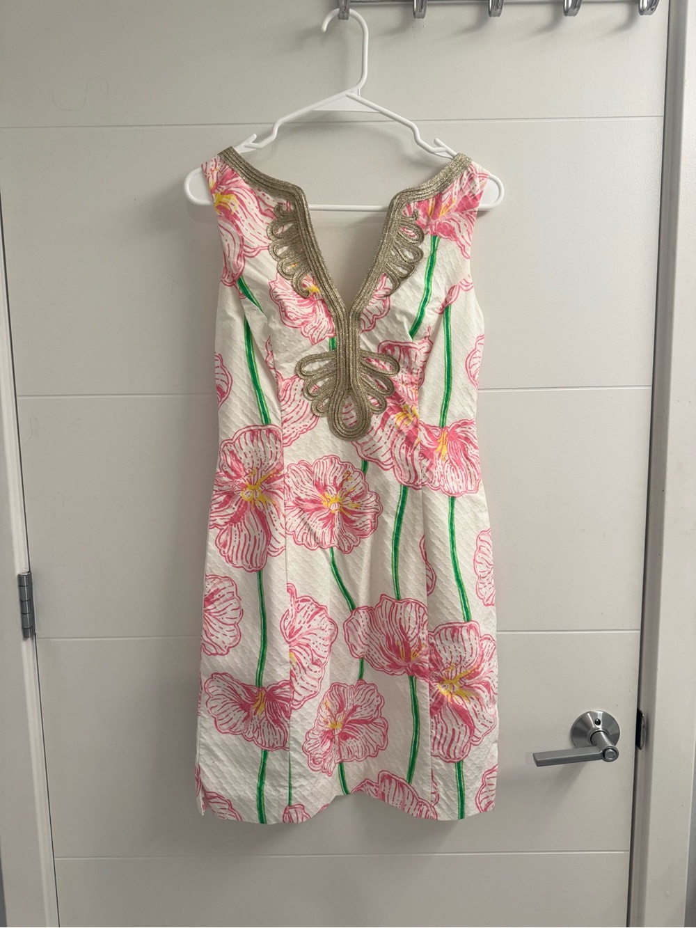 Lilly Pulitzer Pink Floral Shift Dress with Gold Trim on Cream